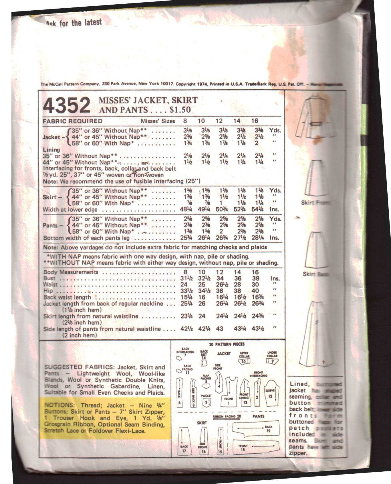 McCall's 4352 Jacket, Skirt, Pants Size: 12 Bust 34 Used Sewing Pattern - Image 2