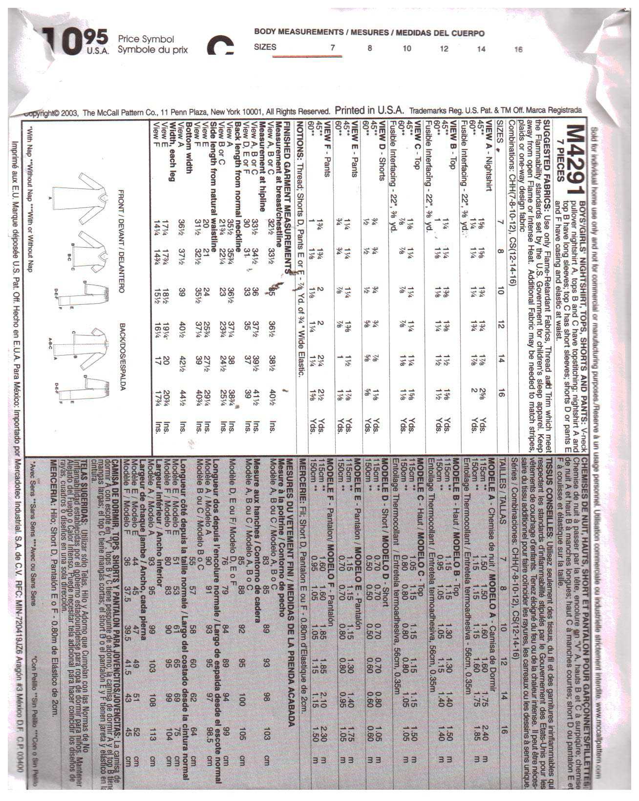 McCall's 4291 Boy's/Girls' Nightshirt, Pajamas Size: CHH 7-8-10-12 Uncut Sewing Pattern - Image 2