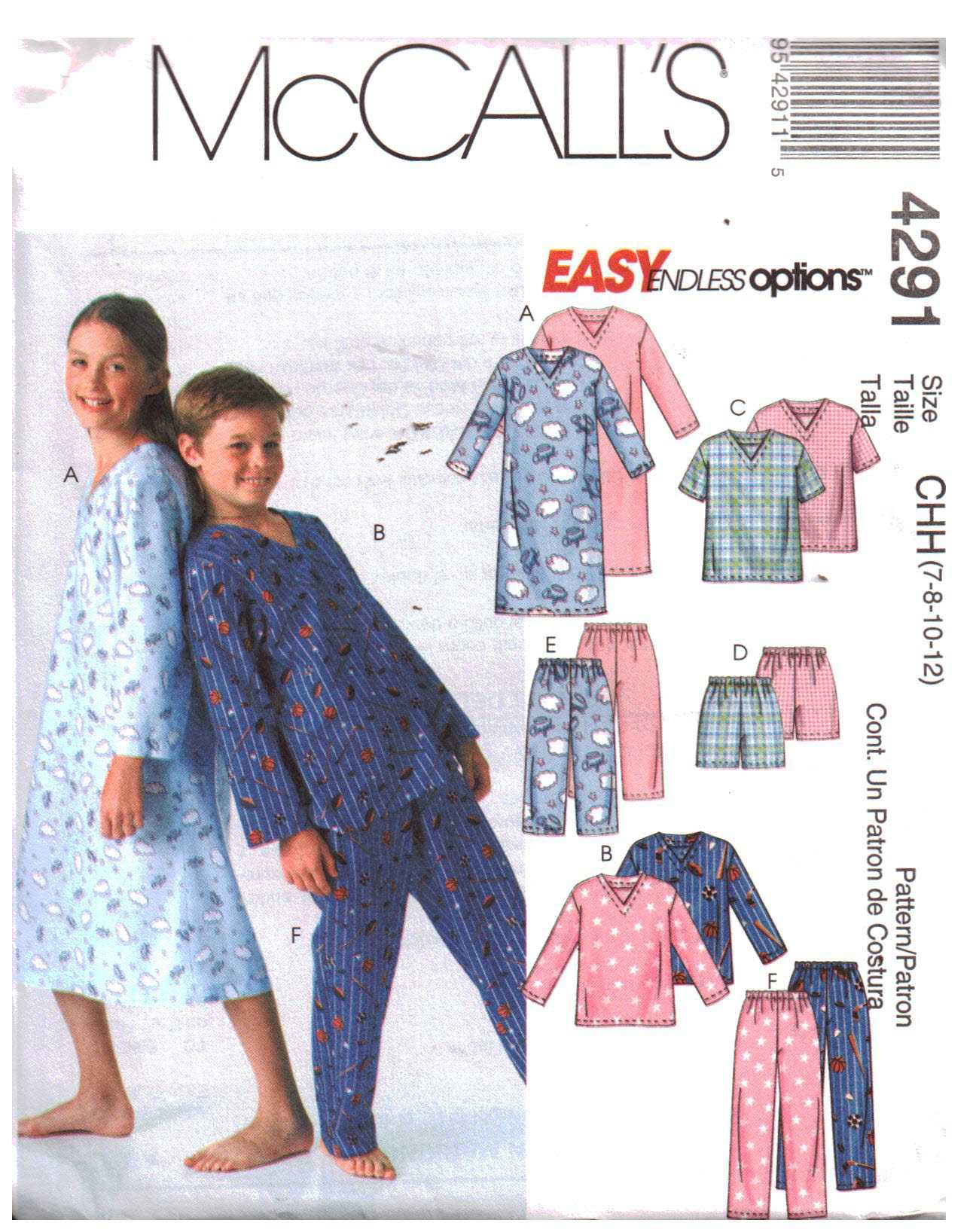McCall's 4291 Boy's/Girls' Nightshirt, Pajamas Size: CHH 7-8-10-12 Uncut Sewing Pattern