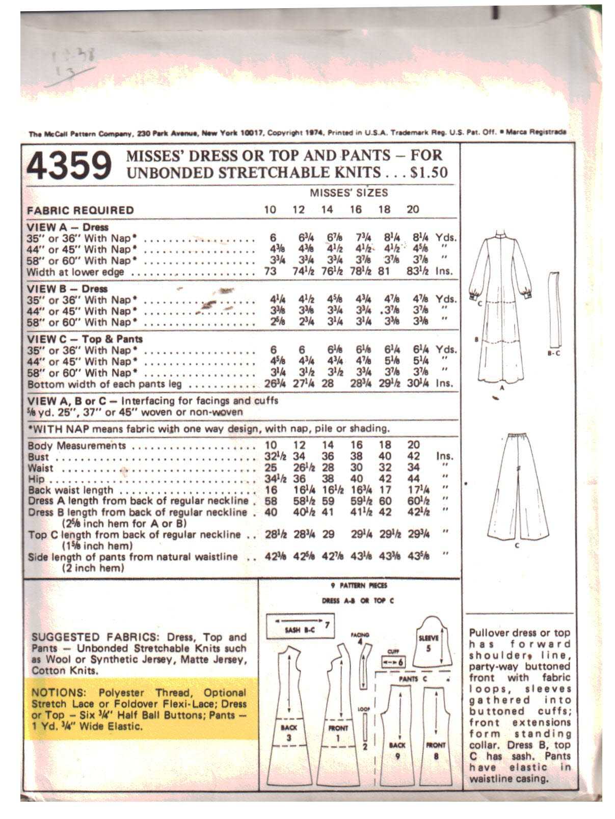 McCall's 4359 Dress, Top, Pants Size: 14 Bust 36 Used Sewing Pattern - Image 2