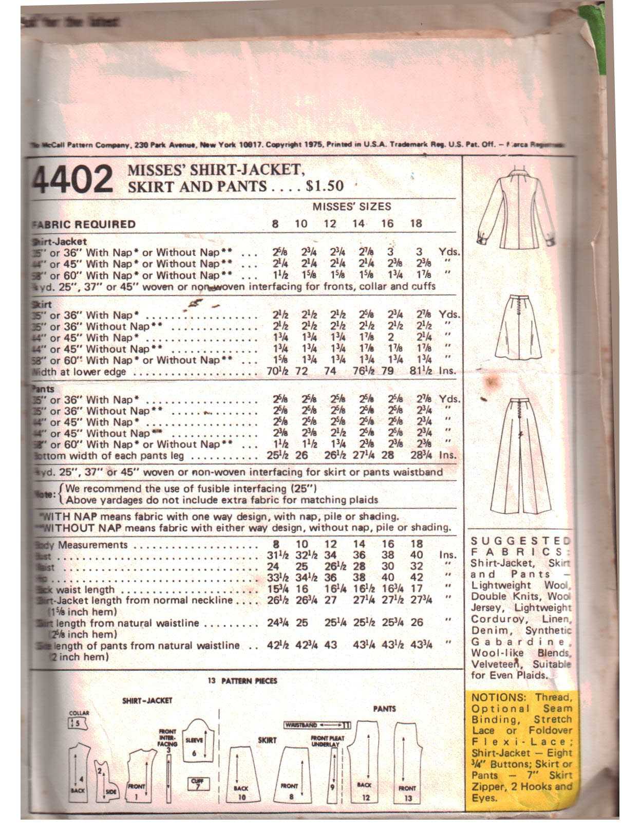 McCall's 4402 Shirt-Jacket, Skirt, Pants Size: 12 Bust 34 Used Sewing Pattern - Image 2