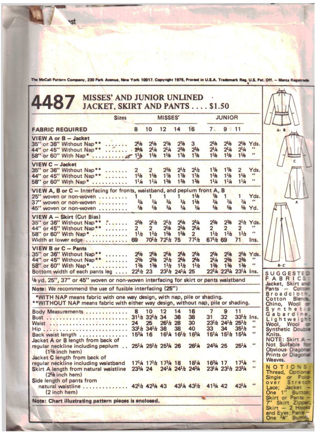 McCall's 4487 Jacket, Skirt, Pants Size: 9 Bust 32 Used Sewing Pattern - Image 2