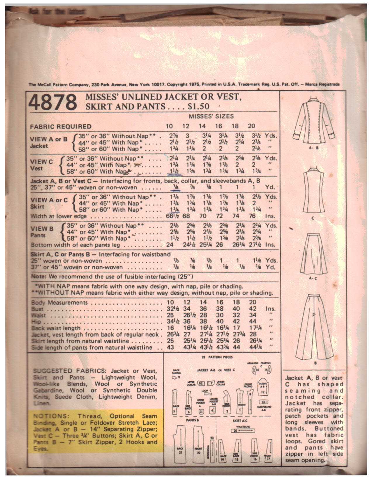 McCall's 4878 Jacket, Vest, Skirt, Pants Size: 10 Bust 32.5 Used Sewing Pattern - Image 2
