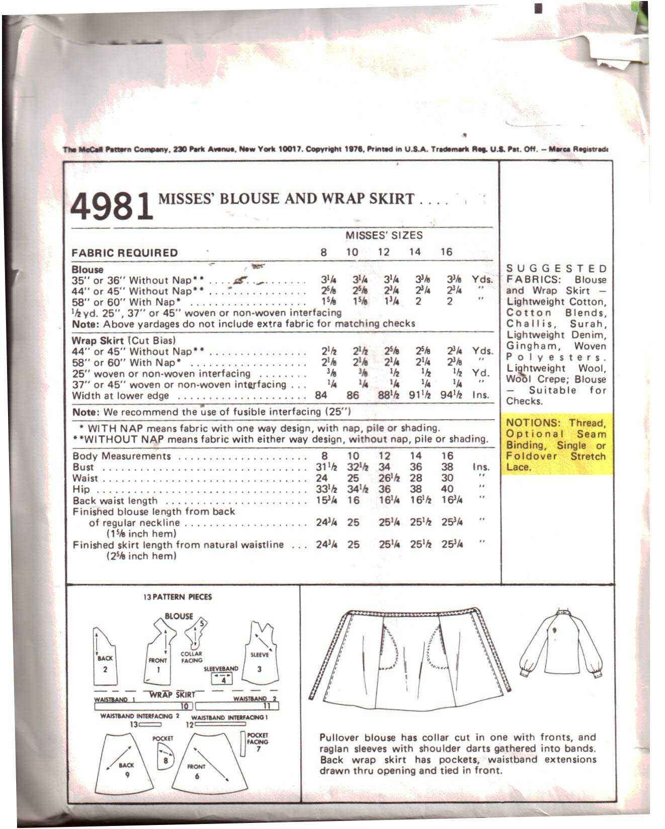 McCall's 4981 Blouse, Wrap Skirt Size: 12 Bust 34 Used Sewing Pattern - Image 2