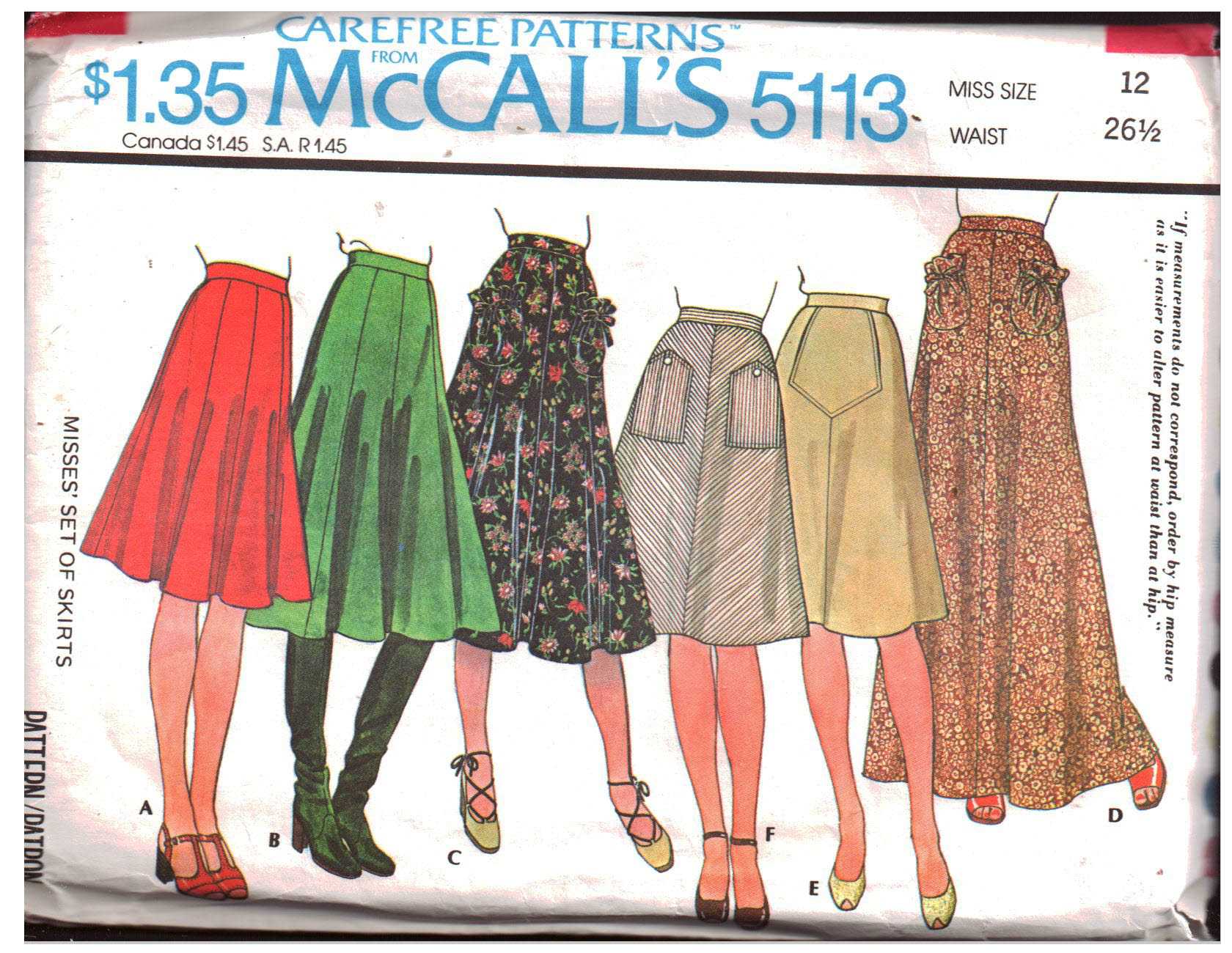 McCall's 5113 Skirts Size: 12 Waist 26.5 Used Sewing Pattern