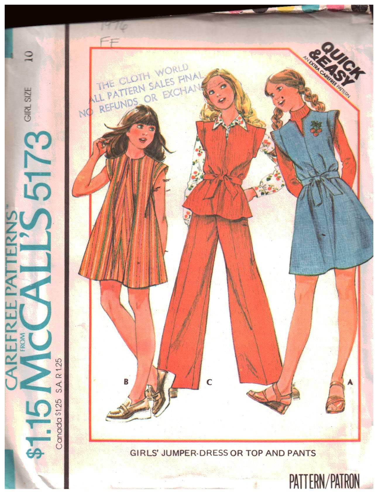 McCall's 5173 Girl's Jumper-Dress, Top, Pants Size: 10 Uncut Sewing Pattern