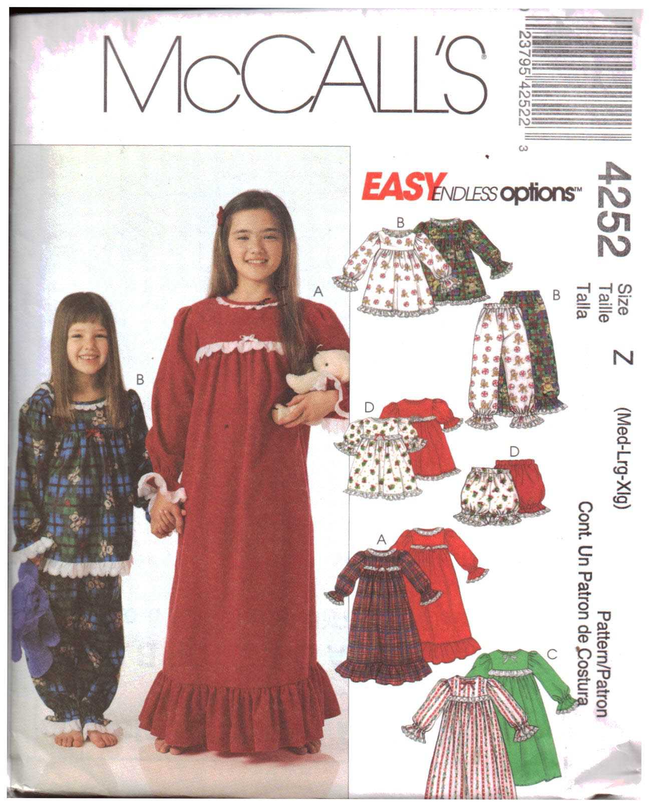 McCall's 4252 Girl's Nightgown, Pajamas, Bloomers Size: Y XS-S or Z M-L-XL Uncut Sewing Pattern