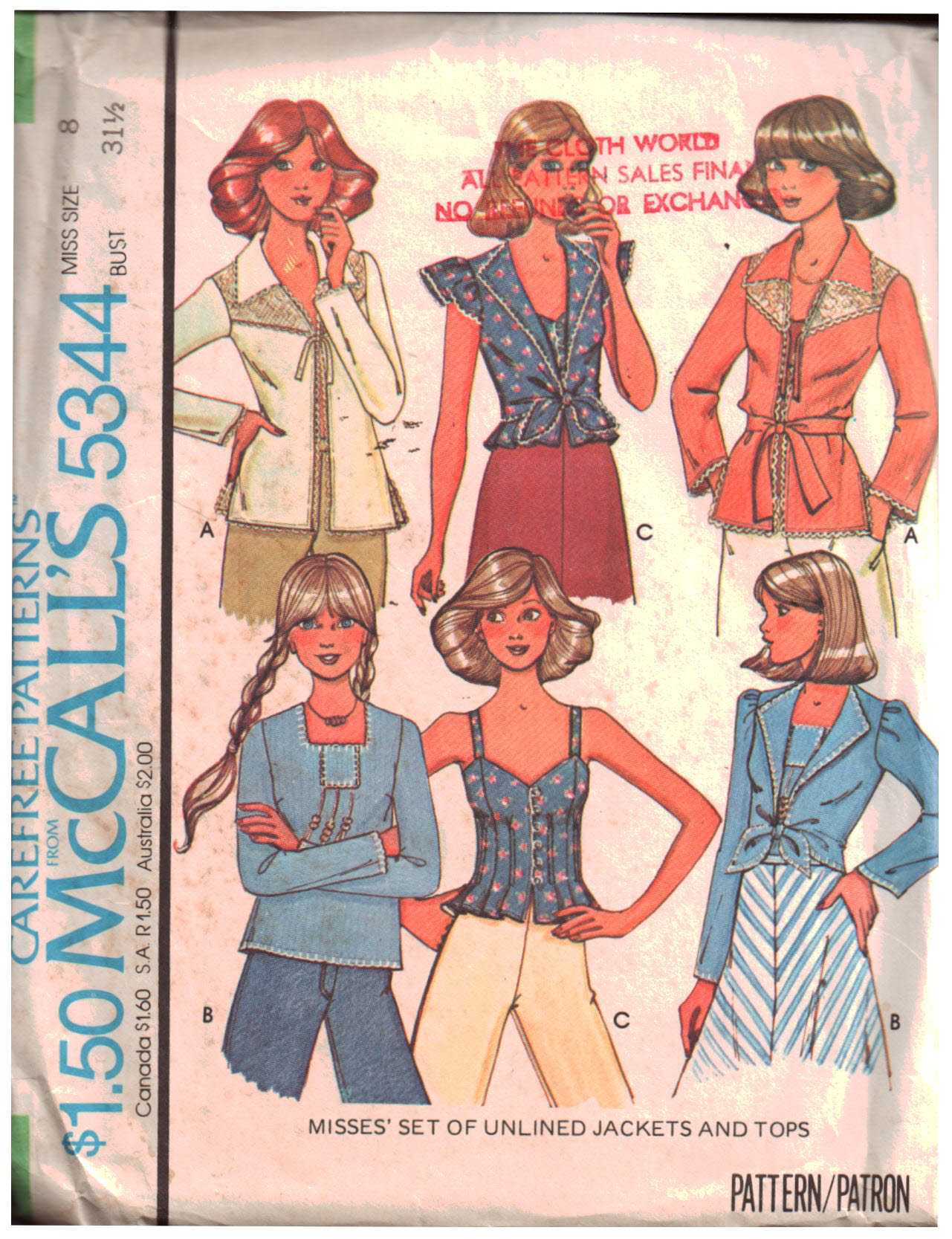 McCall's 5344 Jacket, Tops Size: 8 Bust 31.5 Used Sewing Pattern