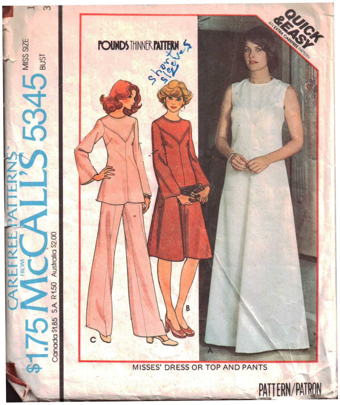 McCall's 5345 Dress, Top, Pants Size: 12 Bust 34 Used Sewing Pattern