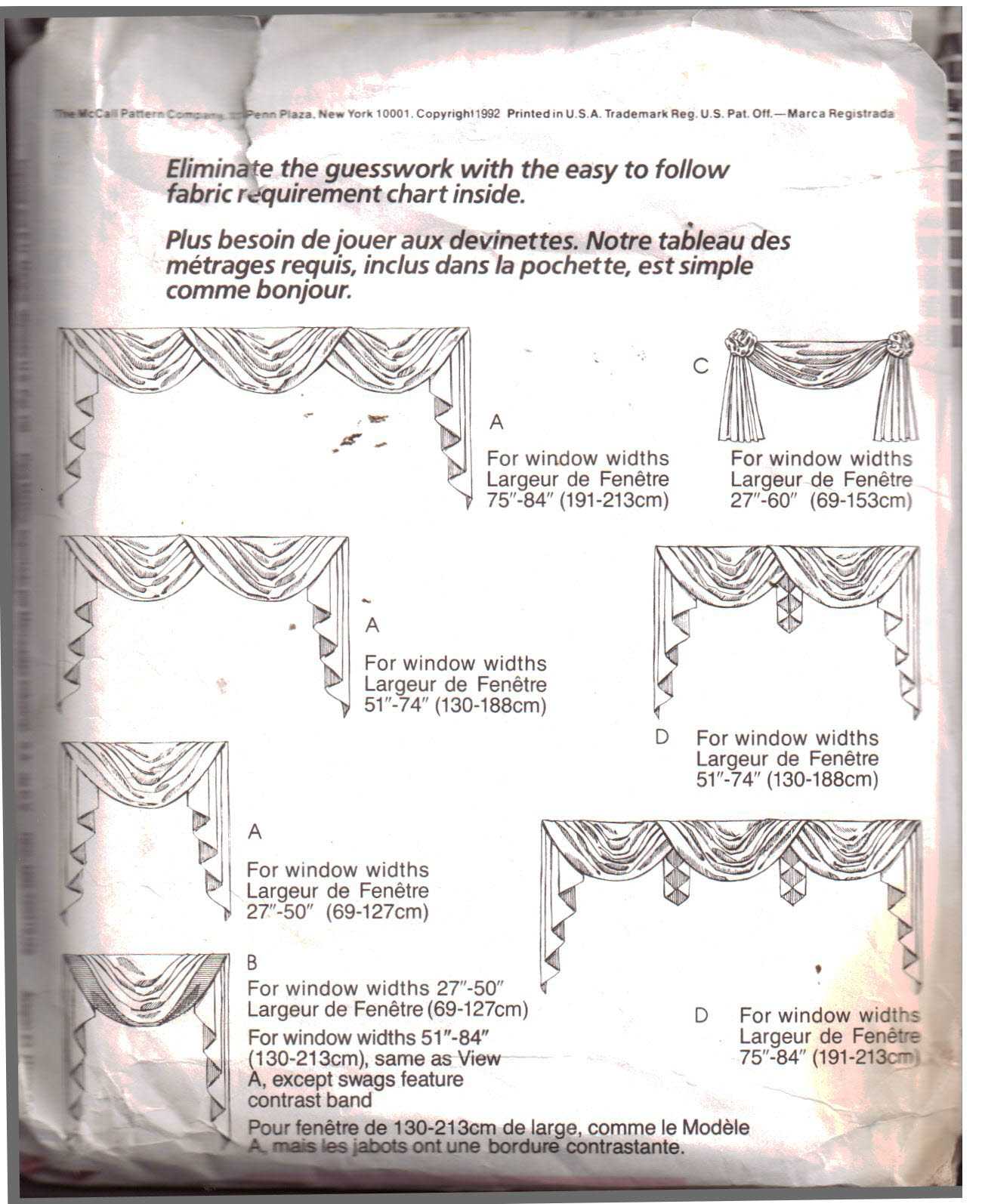 McCall's 5796 Window Treatments - Swag, Jabot Size: One Used Sewing Pattern - Image 2