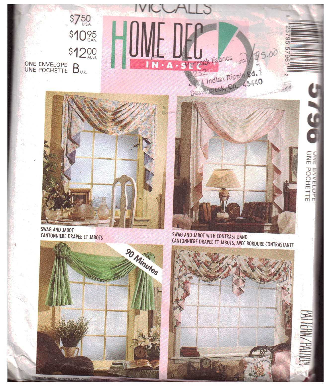 McCall's 5796 Window Treatments - Swag, Jabot Size: One Used Sewing Pattern