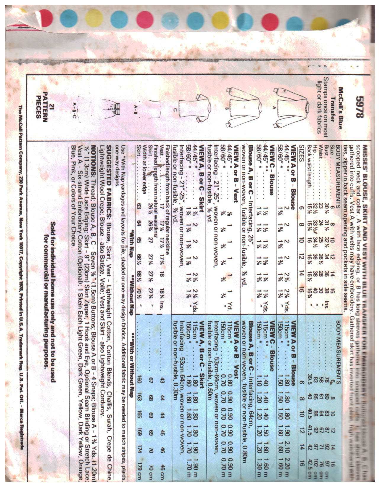 McCall's 5978 Blouse, Skirt, Vest Size: 8 Bust 31.5 Used Sewing Pattern - Image 2
