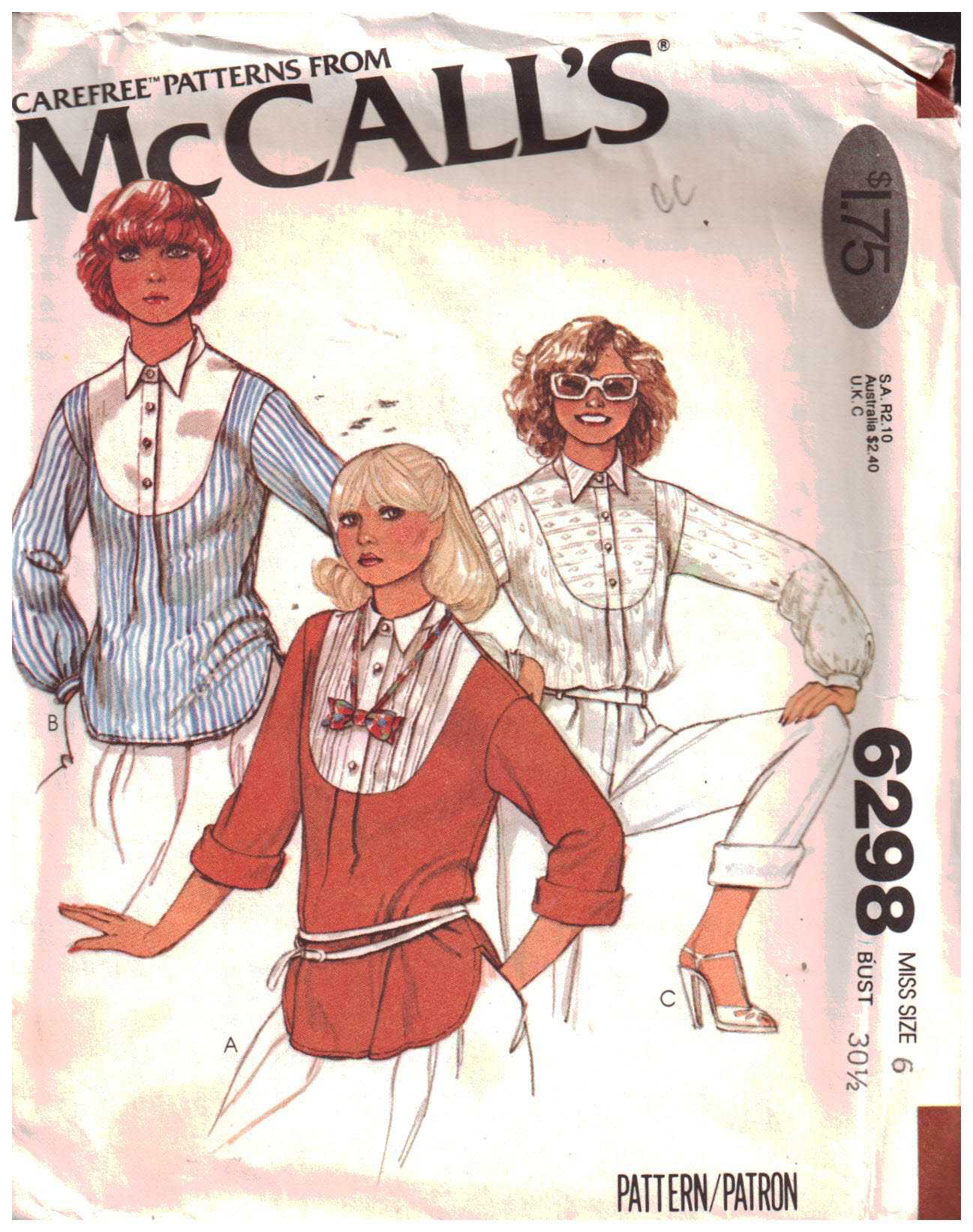 McCall's 6298 Blouse Size: 6 Bust 30.5 Used Sewing Pattern
