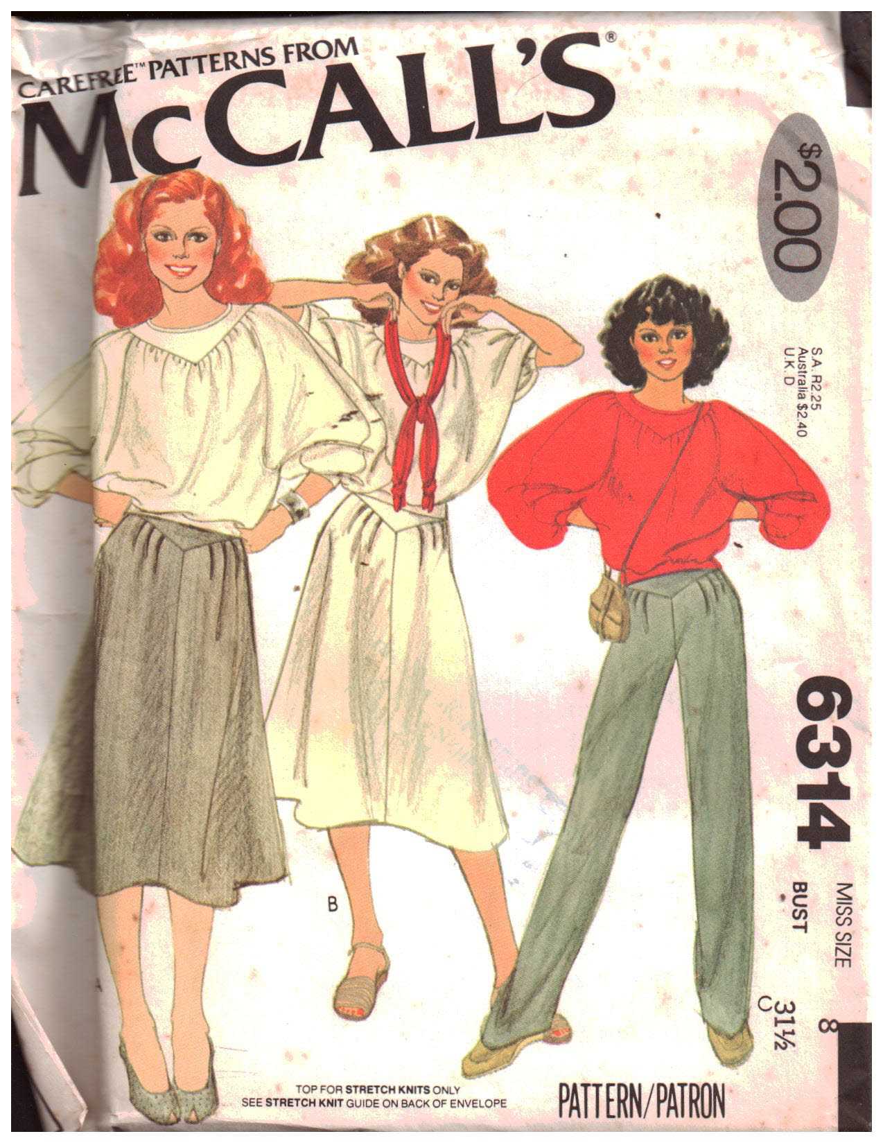 McCall's 6314 Skirt, Pants, Top Size: 8 Bust 31.5 Uncut Sewing Pattern