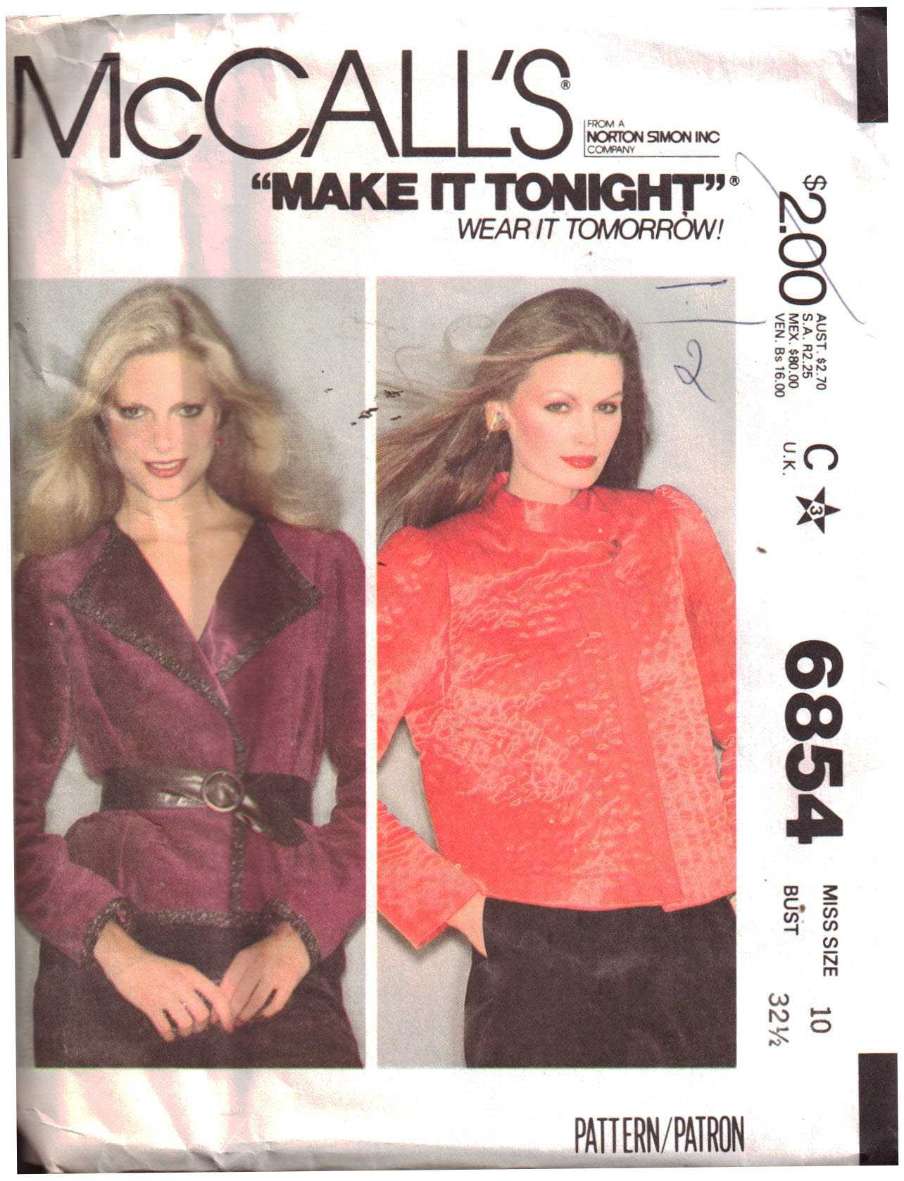 McCall's 6854 Jacket Size: 10 Bust 32.5 Used Sewing Pattern