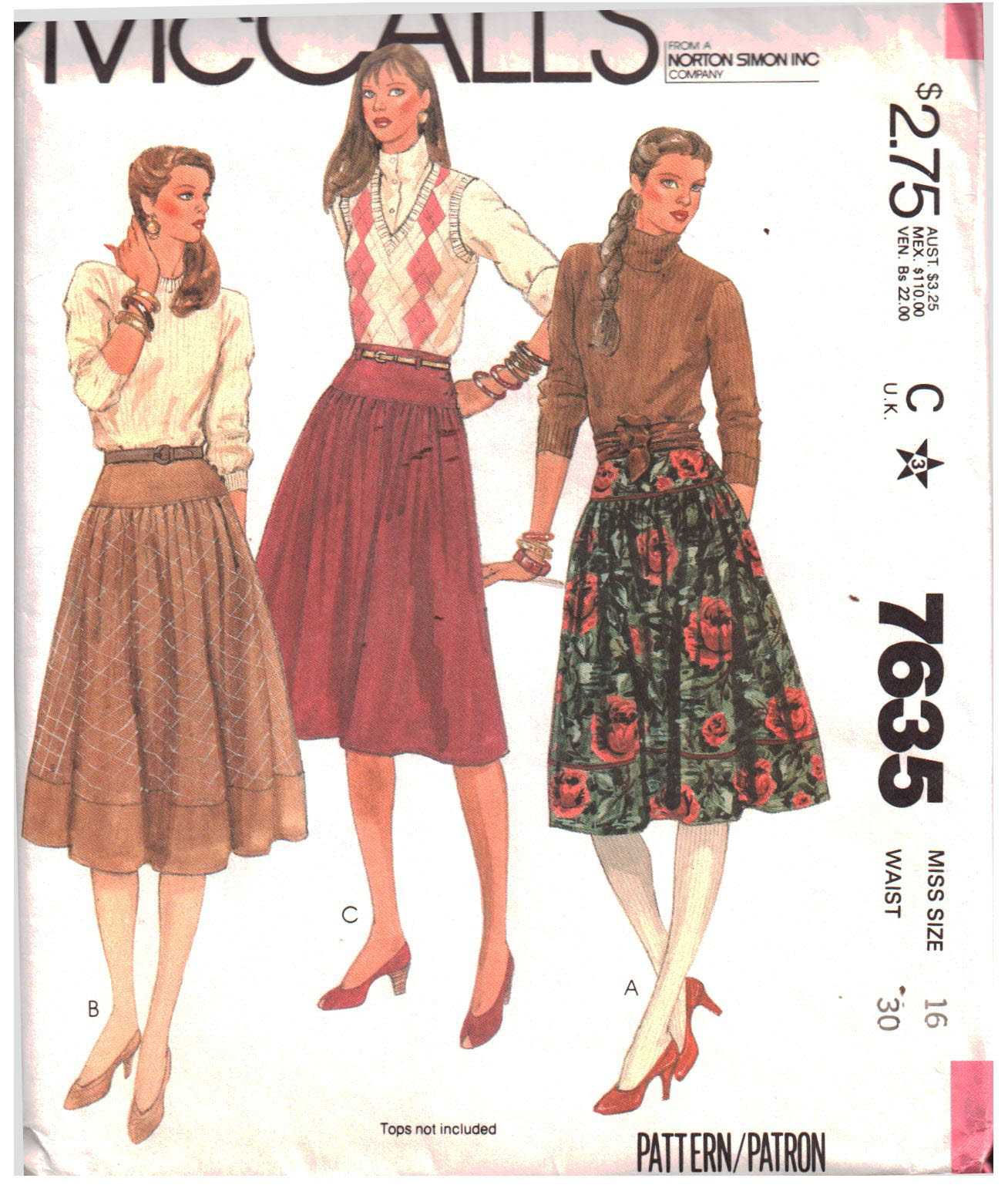 McCall's 7635 Skirts Size: 16 Waist 30 Uncut Sewing Pattern