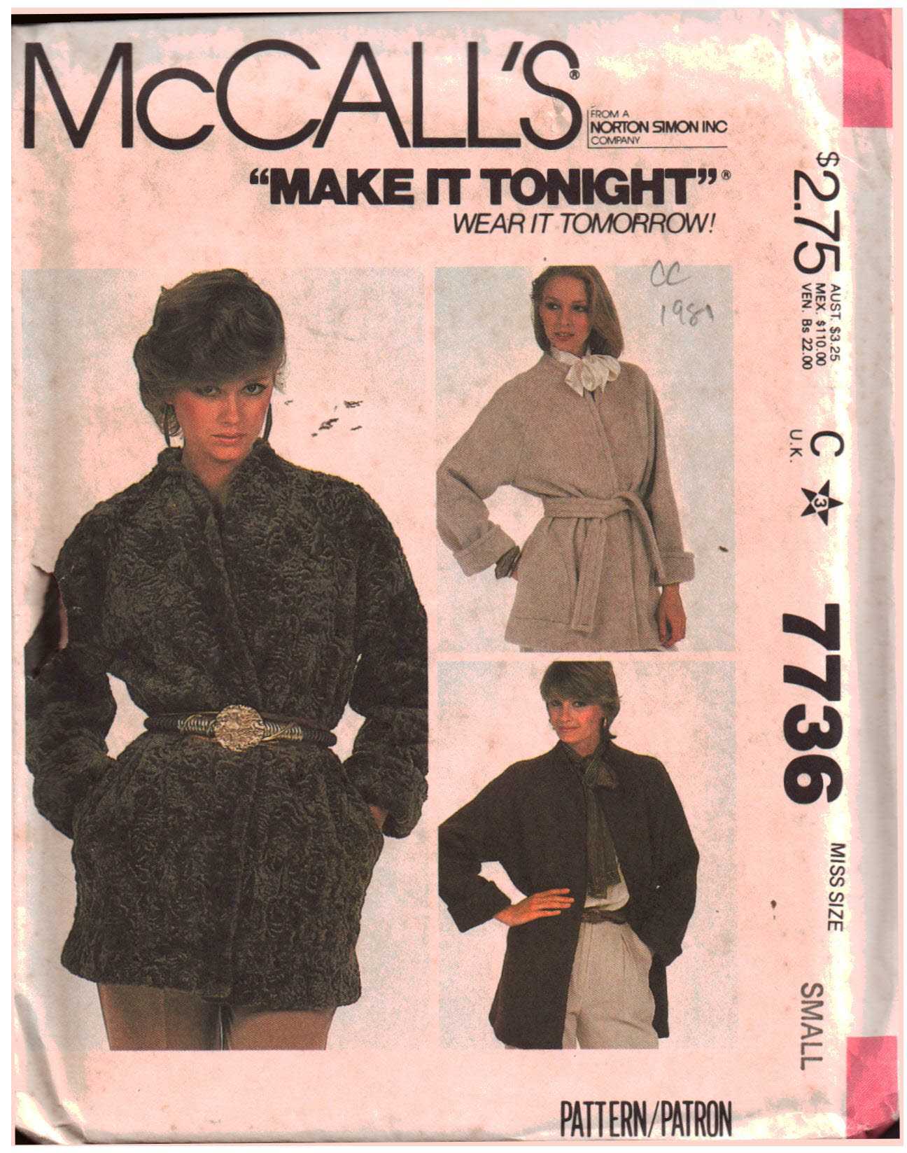 McCall's 7736 Jacket Size: 10-12 Uncut Sewing Pattern