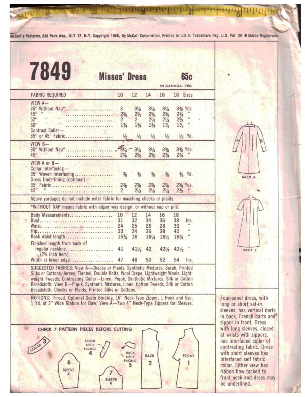 7849 McCall's 7849 Dress Size: 14 Bust 34 Used Sewing Pattern