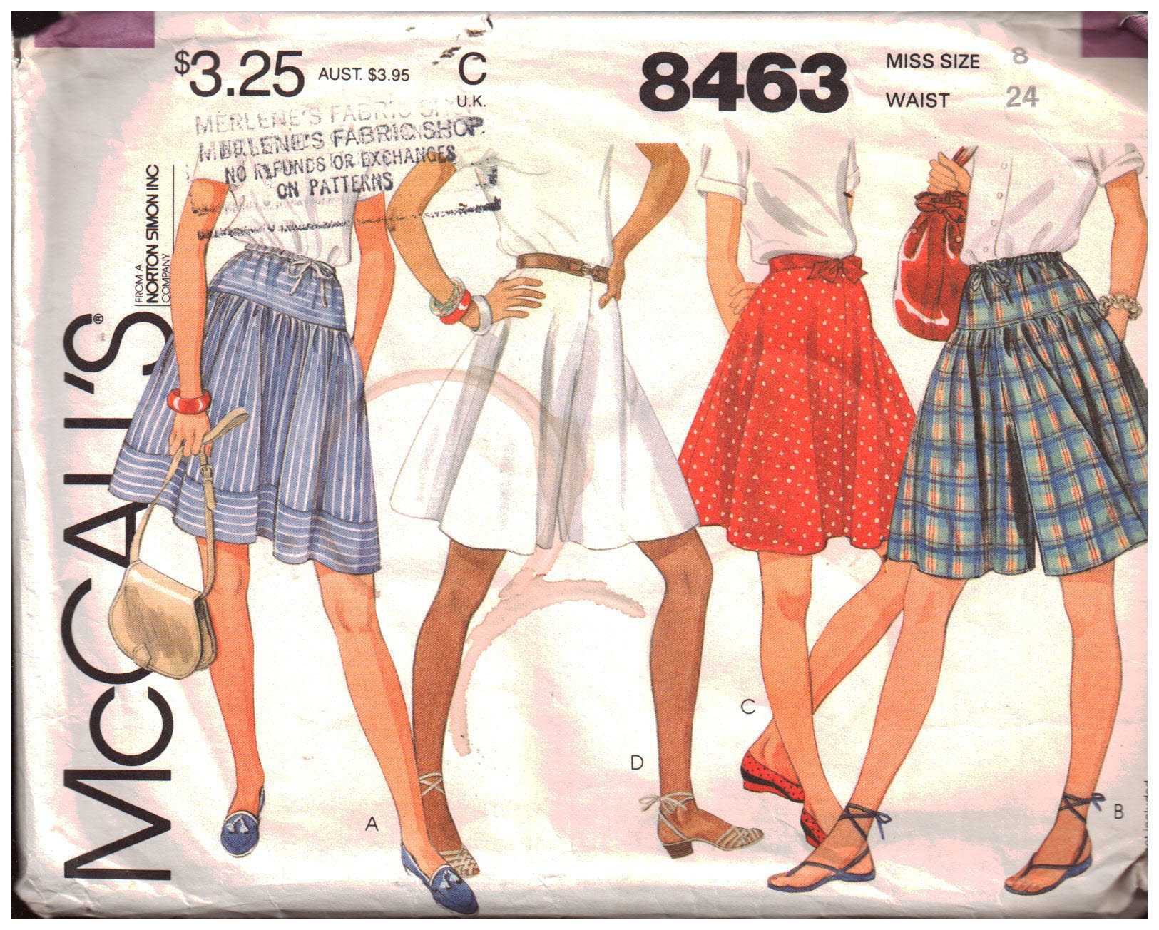 McCall's 8463 Skirts, Culottes Size: 14 Waist 28 or 8 Waist 24 Used Sewing Pattern