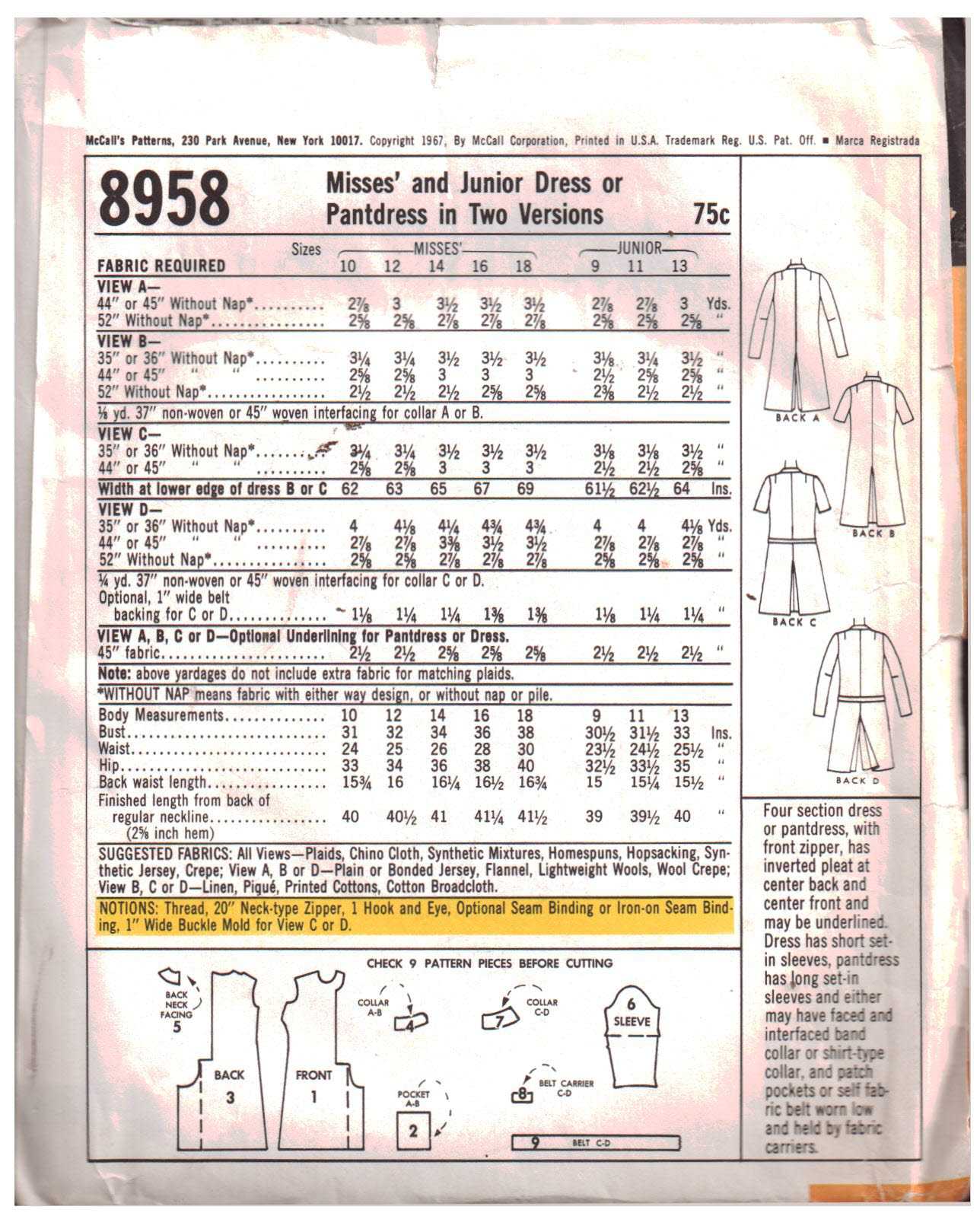 McCall's 8958 Dress, Pant Dress Size: 9 Bust 30.5 or 14 Bust 34 Used Sewing Pattern - Image 2