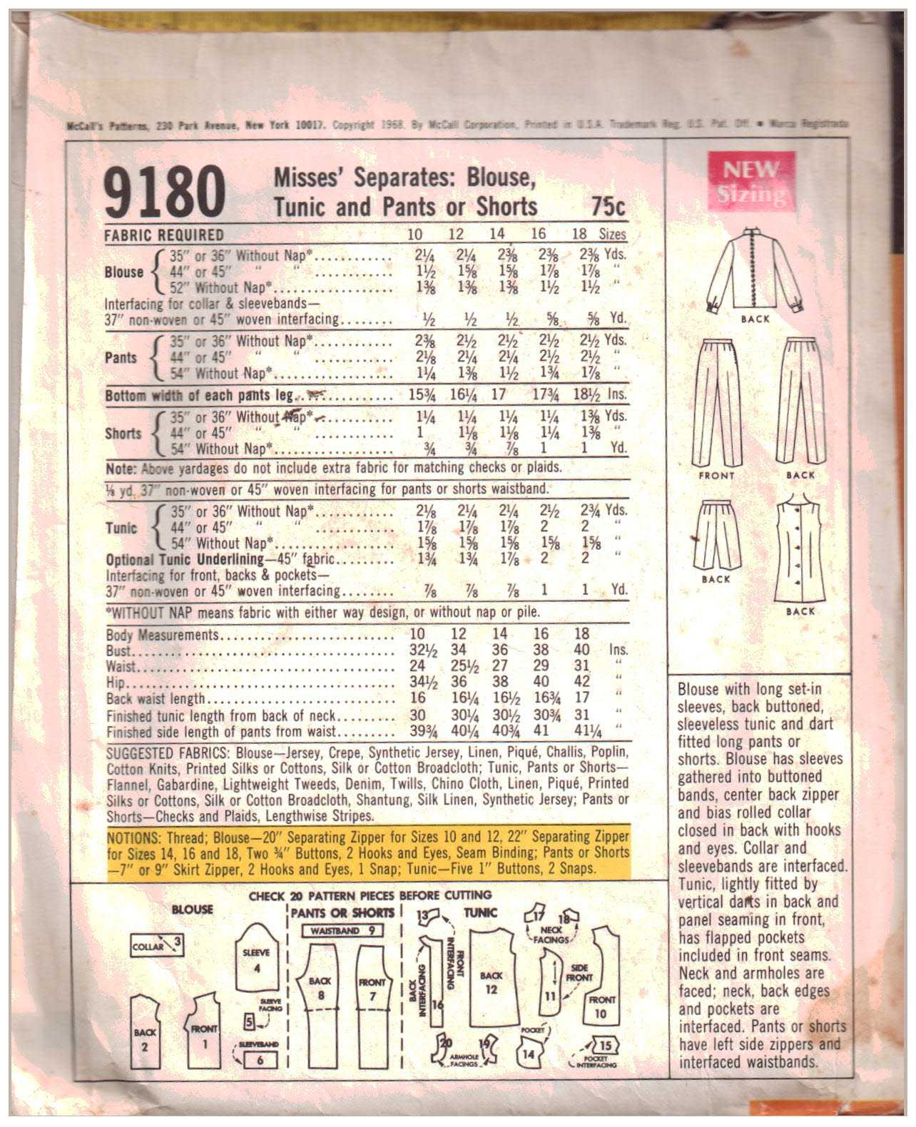 McCall's 9180 Blouse, Tunic, Pants, Shorts Size: 10 Bust 32.5 Used Sewing Pattern - Image 2