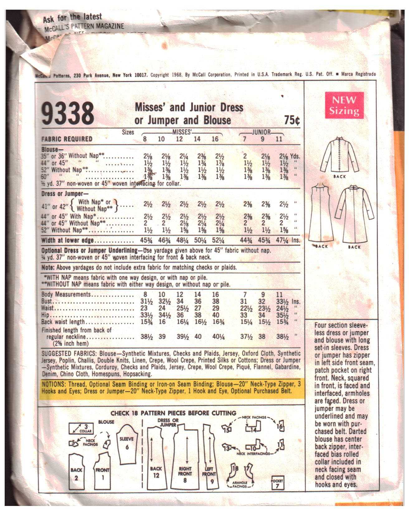 McCall's 9338 Dress, Jumper, Blouse Size: 10 Bust 32.5 Used Sewing Pattern - Image 2