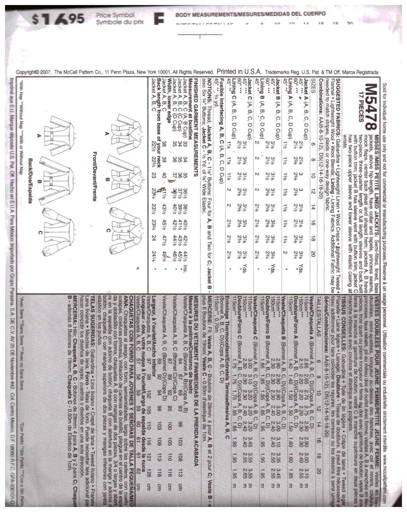 McCall's M5478 Jacket Size: AA 6-12 Uncut Sewing Pattern - Image 2