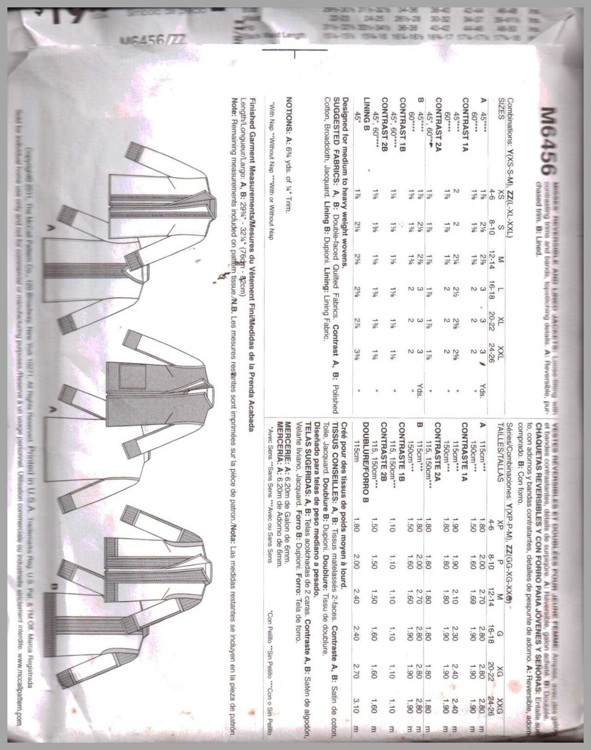 McCall's M6456 Reversible Jacket Size: ZZ L-XL-XXL Uncut Sewing Pattern