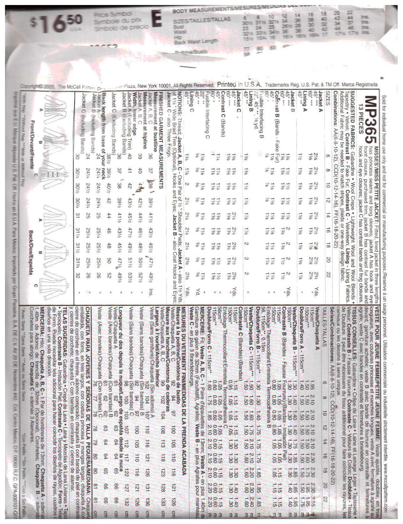 McCall's MP365 Jacket Size: CCD 10-12-14-16 Uncut Sewing Pattern - Image 2