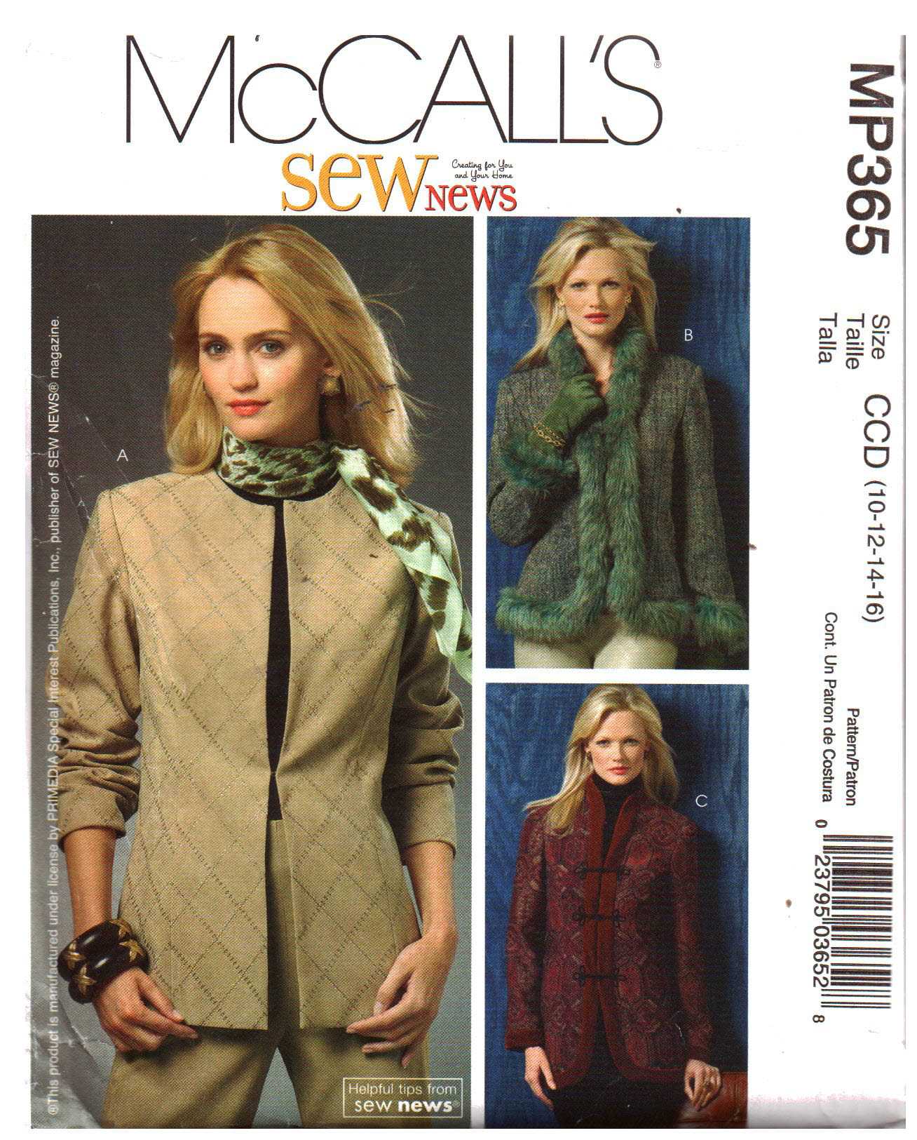 McCall's MP365 Jacket Size: CCD 10-12-14-16 Uncut Sewing Pattern