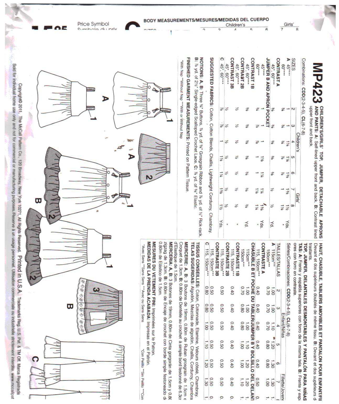 McCall's MP423 Girls' Top, Jumper, Aprons, Pants Size: CDD 2-3-4-5 or CL 6-7-8 Uncut Sewing Pattern - Image 2