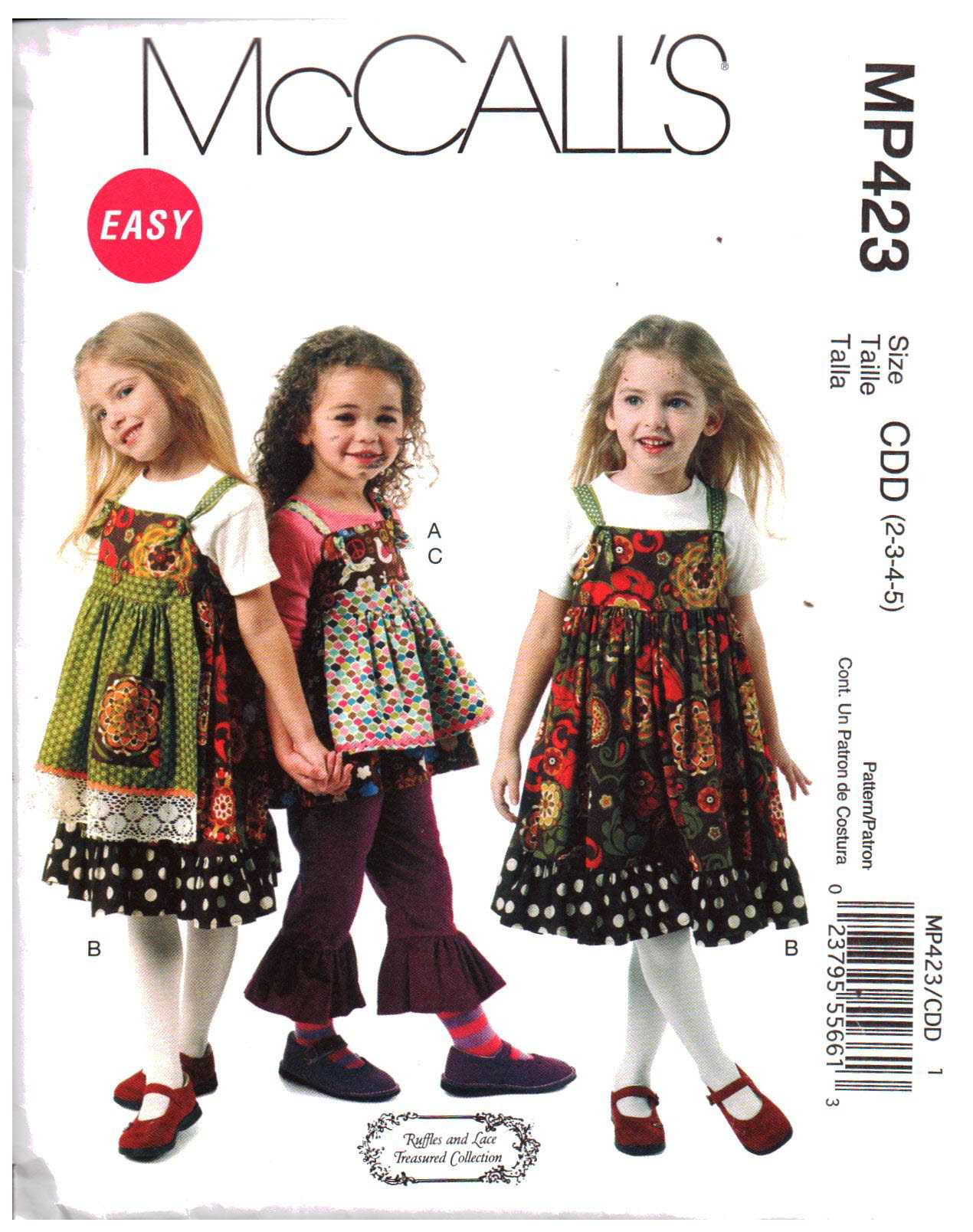 McCall's MP423 Girls' Top, Jumper, Aprons, Pants Size: CDD 2-3-4-5 or CL 6-7-8 Uncut Sewing Pattern