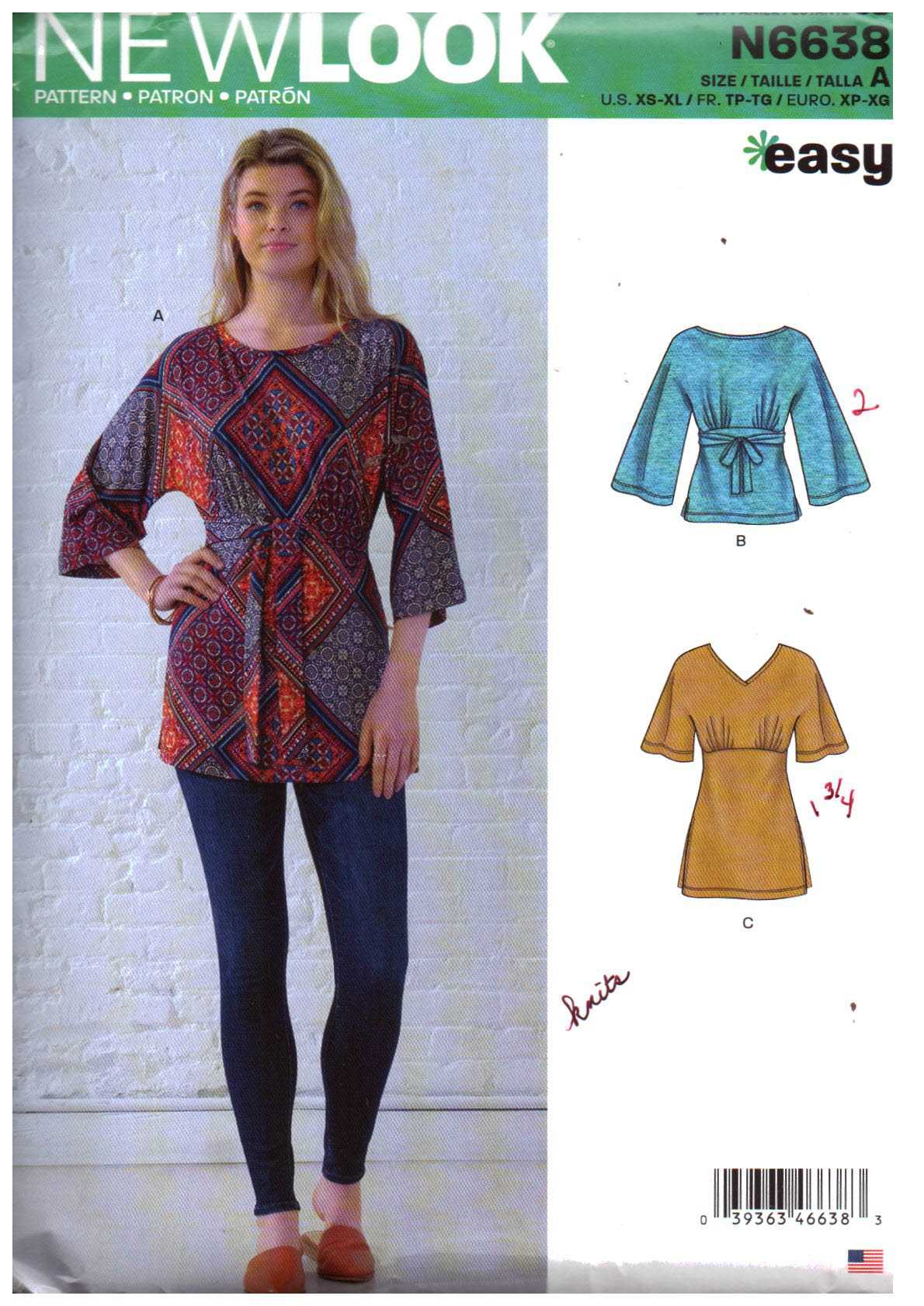 New Look N6638 Tunic Size: XS-XL Uncut Sewing Pattern