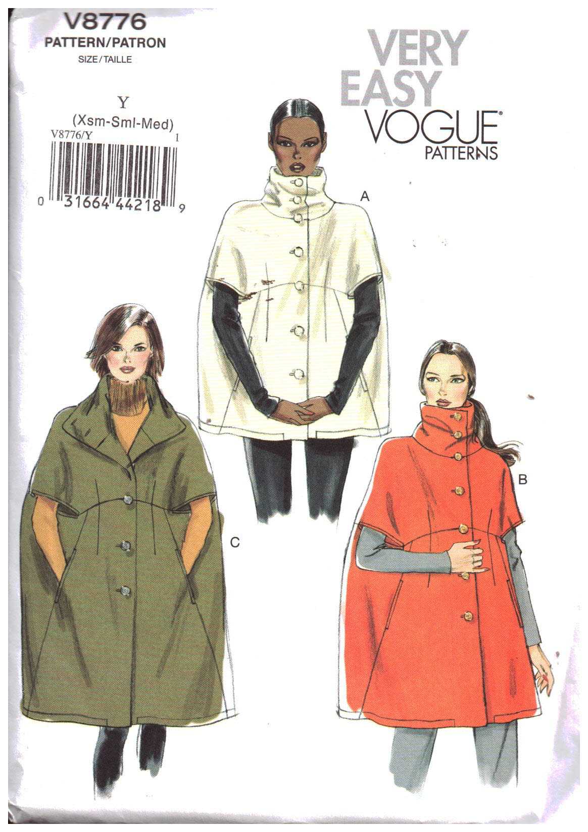 Vogue V8776 Cape/Jacket Size: Y XS-S-M Uncut Sewing Pattern