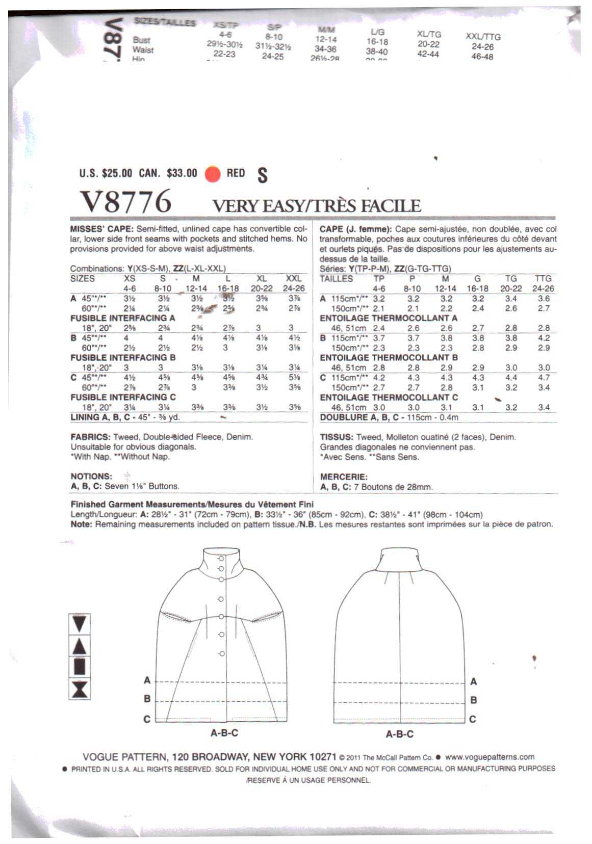 Vogue V8776 Cape/Jacket Size: Y XS-S-M Uncut Sewing Pattern - Image 2