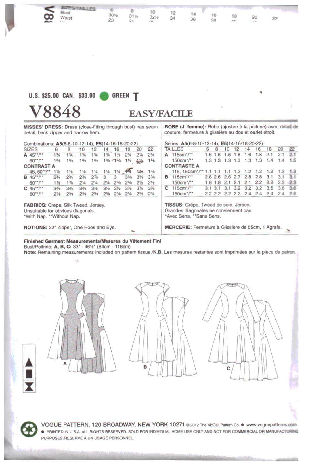 Vogue V8848 Dress Size: A5 6-14 Uncut Sewing Pattern - Image 2