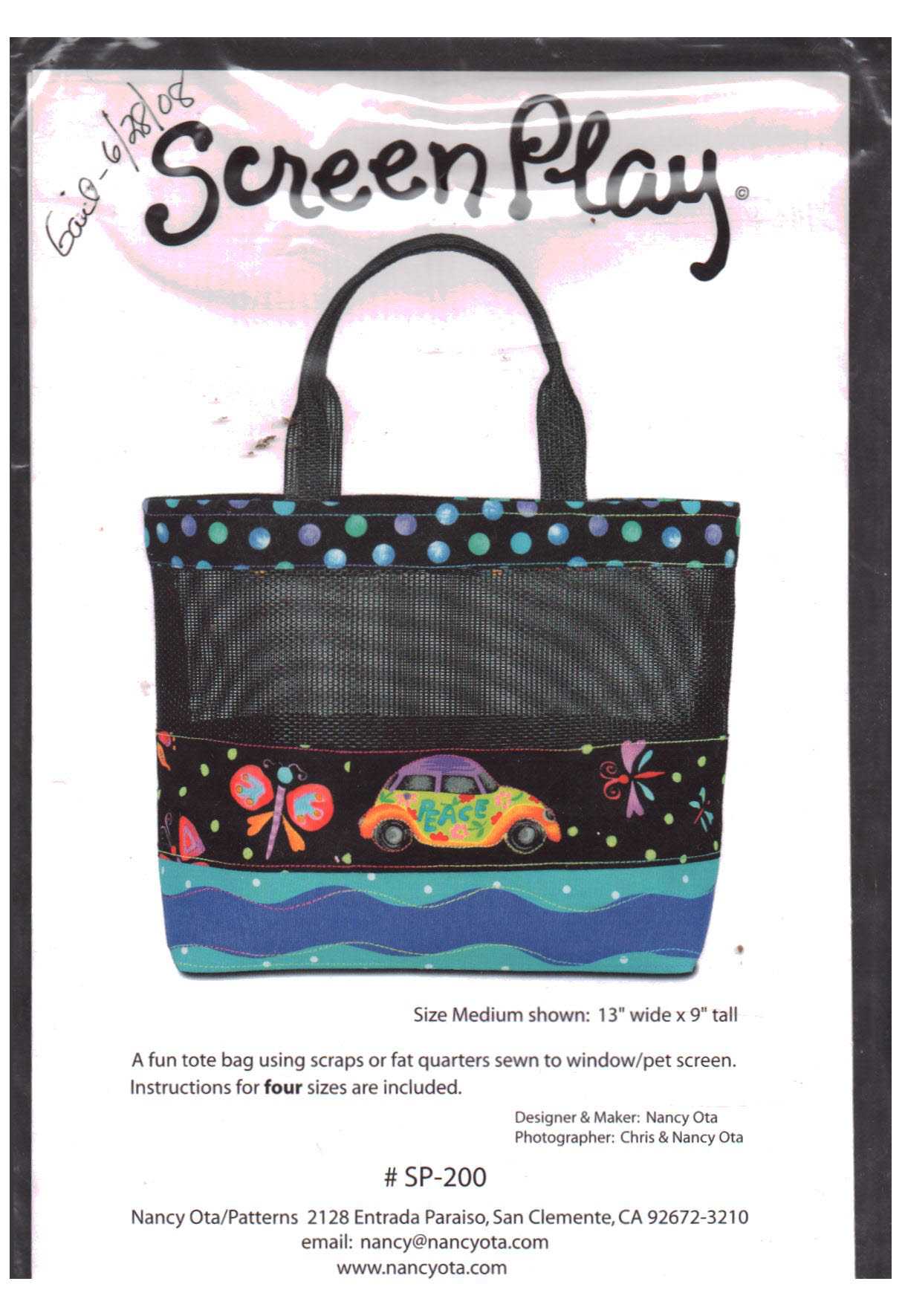 Screen Play SP 200 Tote Size: 13x9" Uncut Sewing Pattern