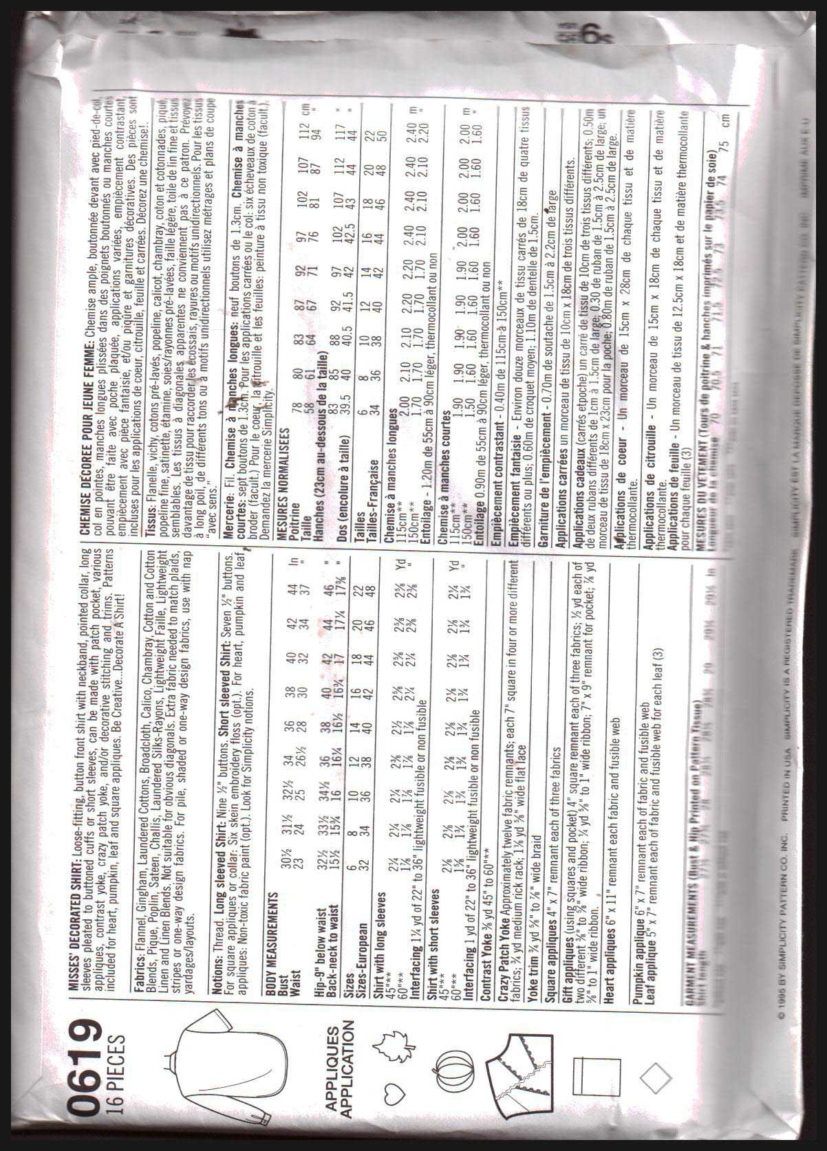 Simplicity 0619 Shirt Size: H 6-8-10 Uncut Sewing Pattern - Image 2
