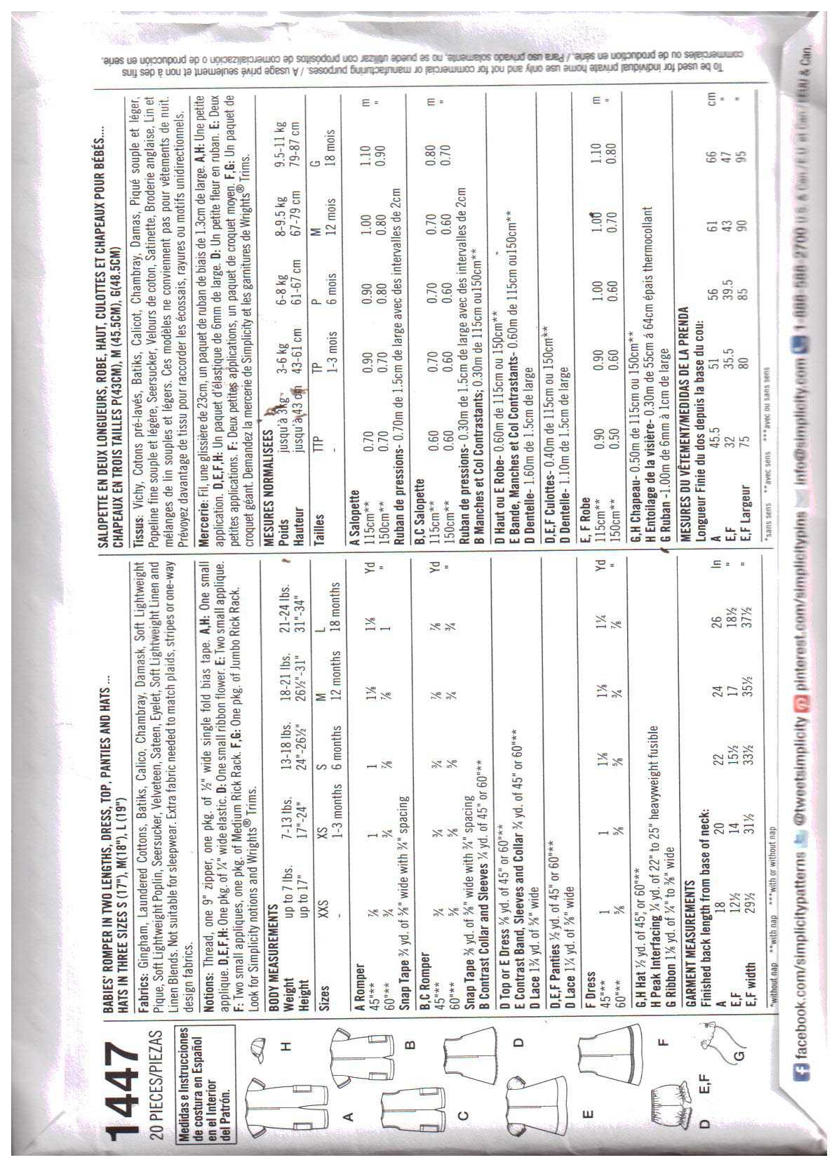 Simplicity 1447 Infants Romper, Dress, Top, Panties, Hat Size: XXS-L Uncut Sewing Pattern - Image 2