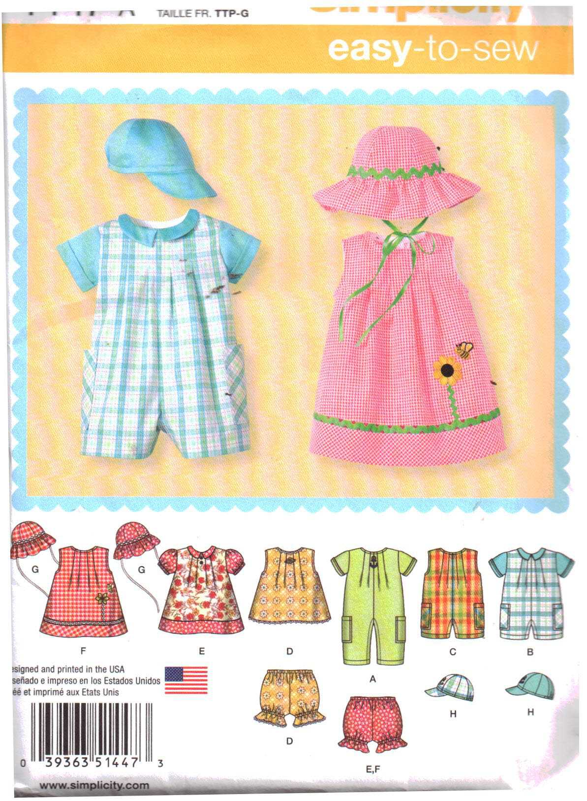 Simplicity 1447 Infants Romper, Dress, Top, Panties, Hat Size: XXS-L Uncut Sewing Pattern