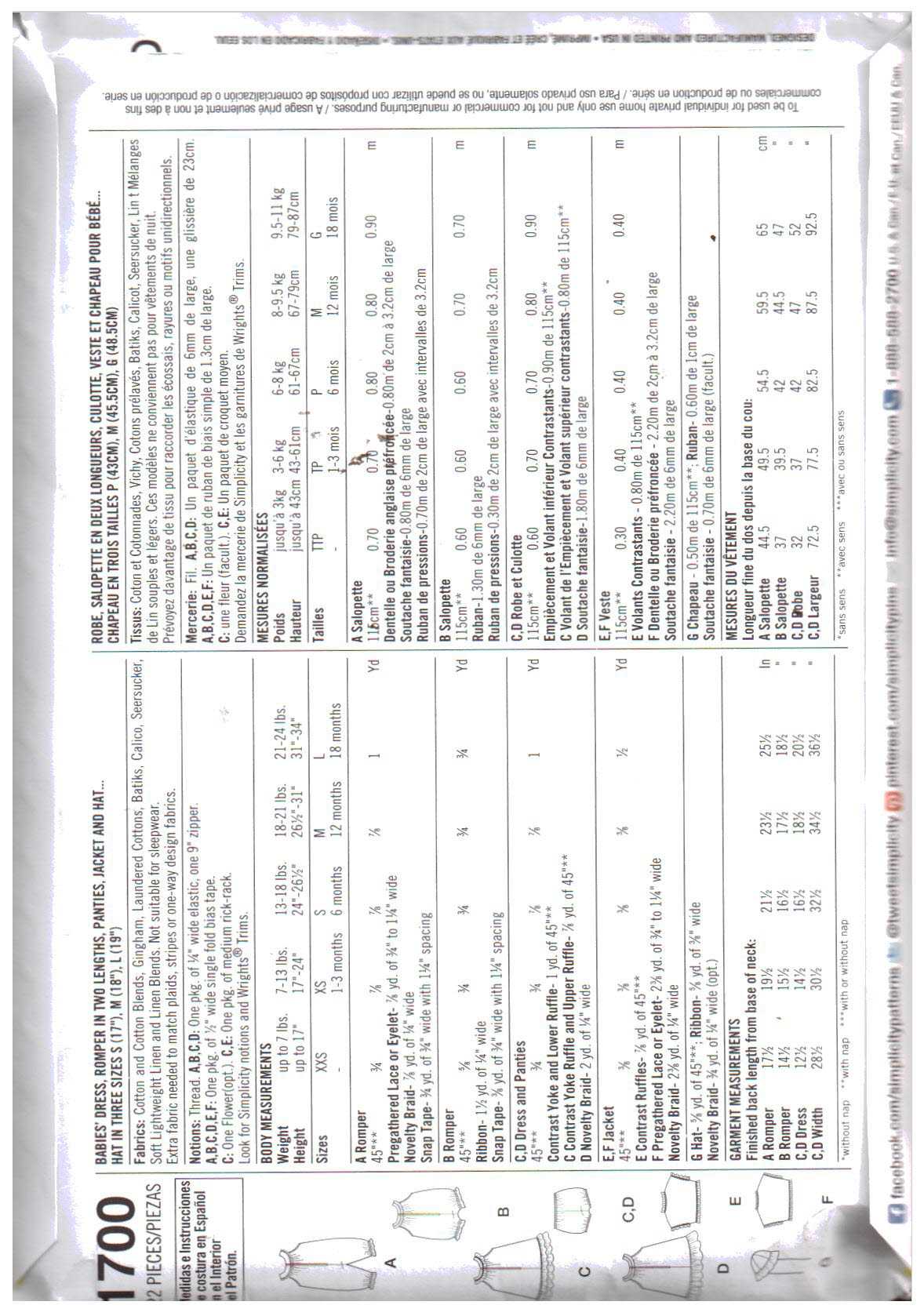 Simplicity 1700 Infant's Dress, Romper, Panties, Jacket, Hat Size: XXS-L Used Sewing Pattern - Image 2