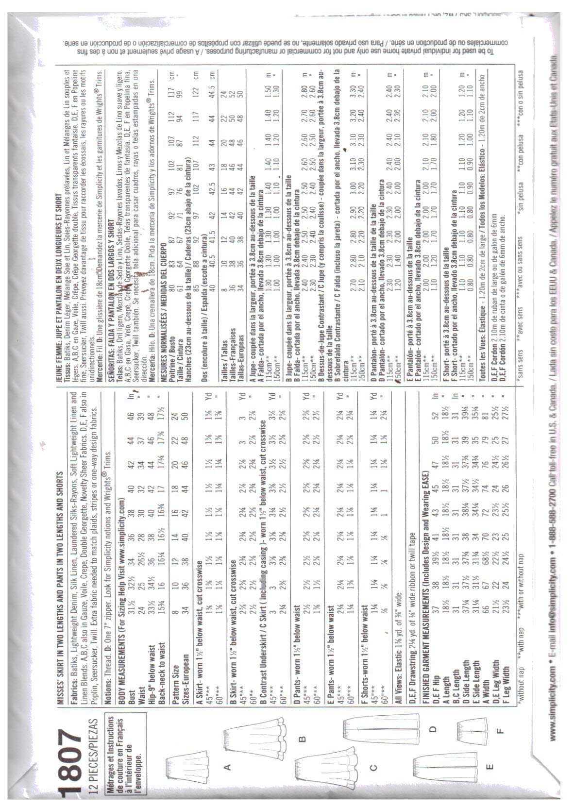 Simplicity 1807 Skirt, Pants, Shorts Size: K5 8-16 Uncut Sewing Pattern - Image 2