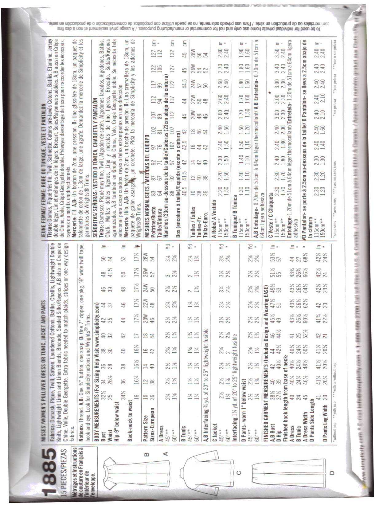 Simplicity 1885 Dress, Top, Jacket, Pants Size: BB 20W-28W Uncut Sewing Pattern - Image 2