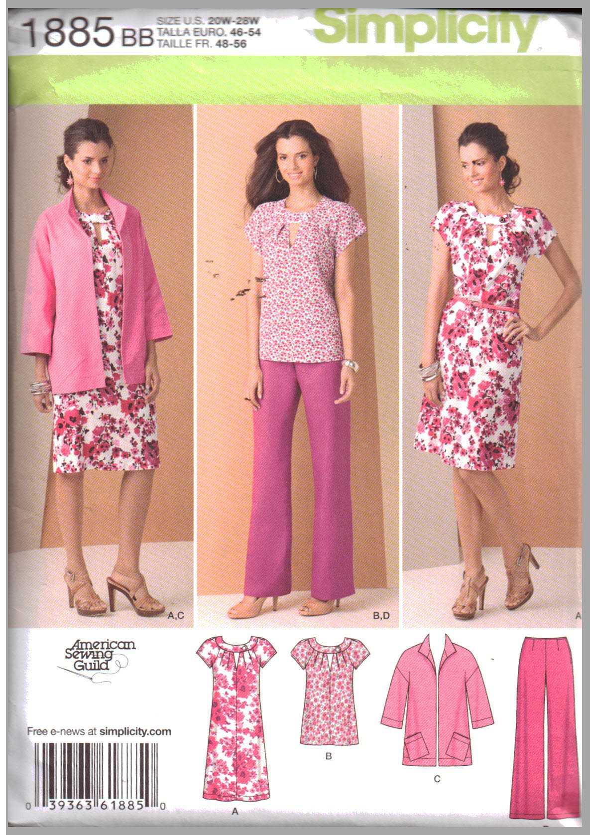 Simplicity 1885 Dress, Top, Jacket, Pants Size: BB 20W-28W Uncut Sewing Pattern