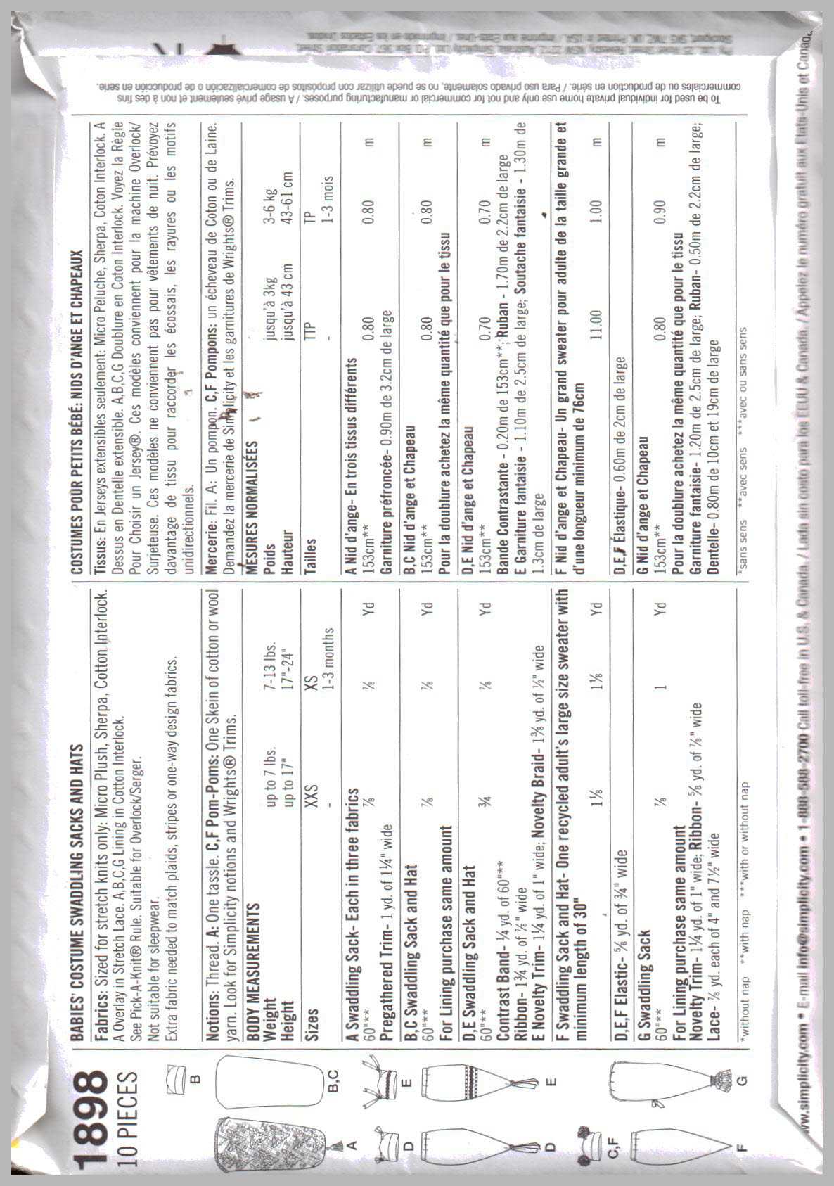 Simplicity 1898 Infant Swaddling Sacks, Hat Size: XXS-XS Uncut Sewing Pattern - Image 2