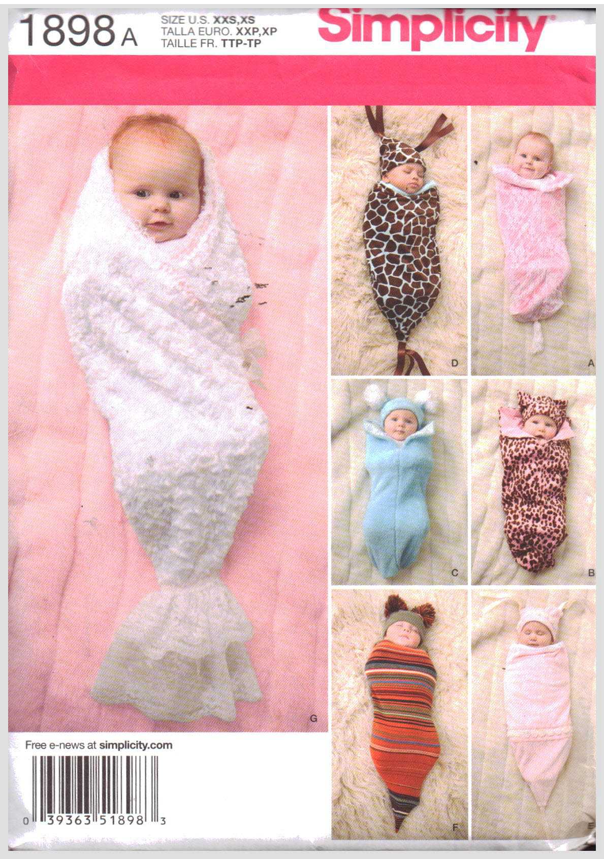 Simplicity 1898 Infant Swaddling Sacks, Hat Size: XXS-XS Uncut Sewing Pattern
