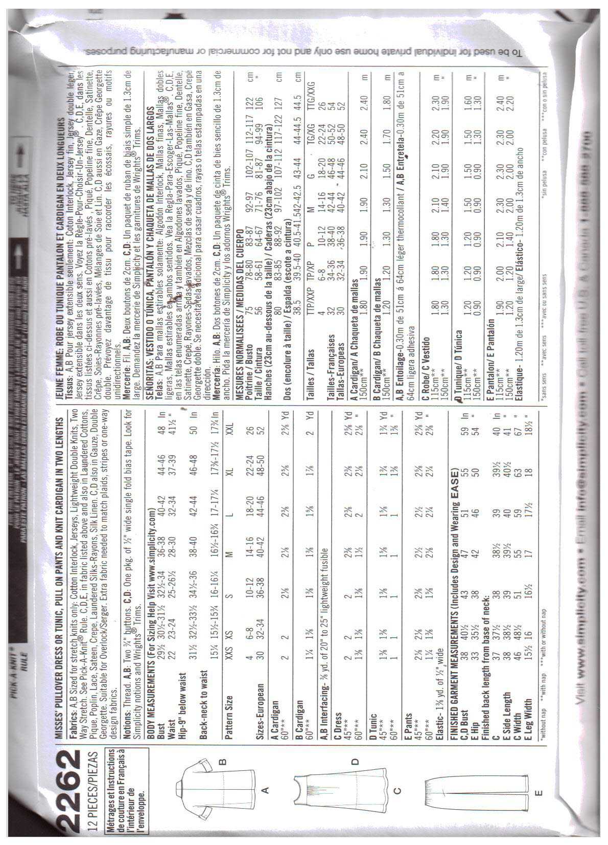 Simplicity 2262 Dress, Tunic, Pants, Cardigan Size: BB M-XXL Uncut Sewing Pattern - Image 2