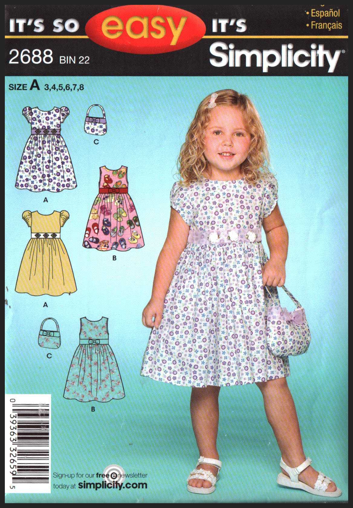 Simplicity 2688 Girl's Dress, Purse Size: A 3-8 Uncut Sewing Pattern