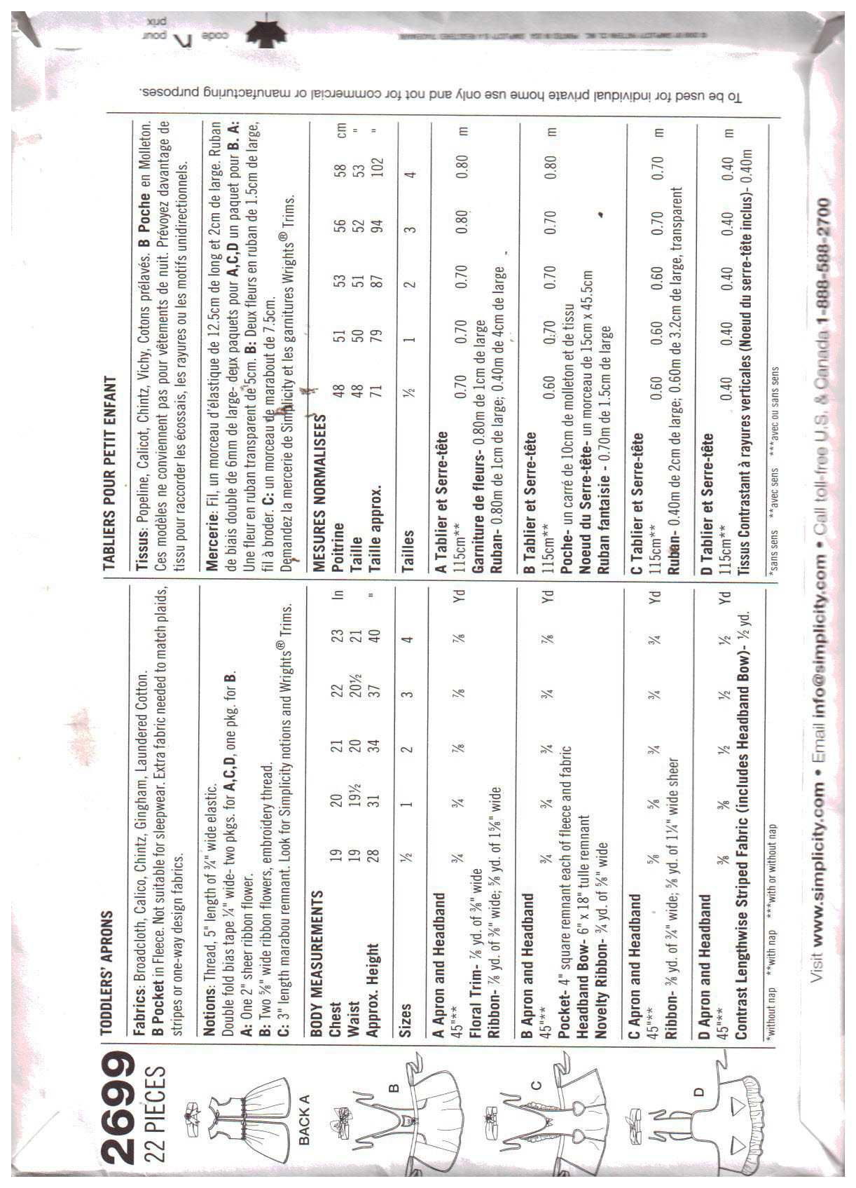 Simplicity 2699 Toddlers' Apron Size: A 0.5-4 Uncut Sewing Pattern - Image 2