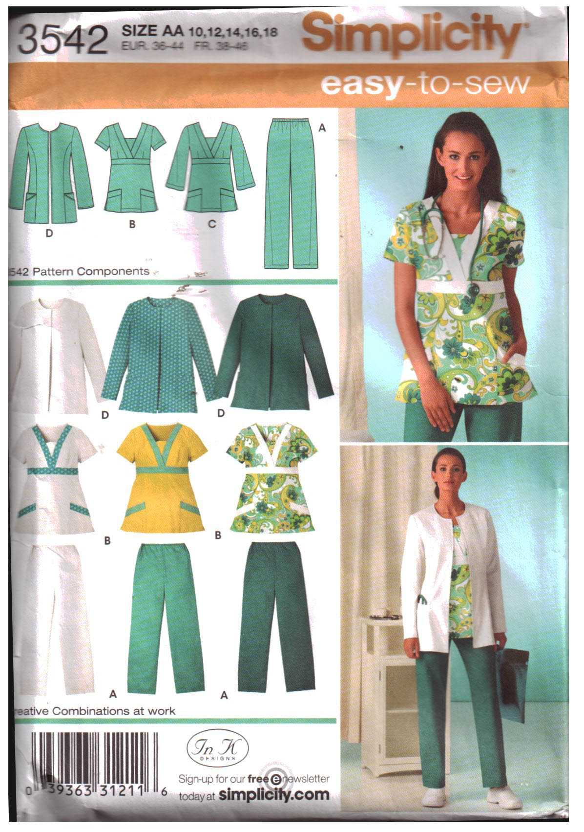 Simplicity 3542 Scrubs - Pants, Top, Jacket Size: AA 10-18 Uncut Sewing Pattern